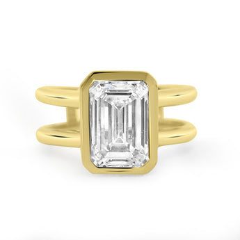 Kendall |Bezel Emerald Moissanite Double Band 14k Yellow Gold Engagement Ring - Diamond Daughters, Front View