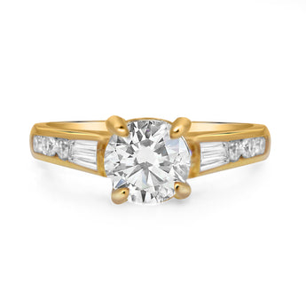Jessie | Round Moissanite Baguette Diamond Round Accent Stone Cathedral 14k Yellow Gold Engagement Ring - Diamond Daughters, Front View