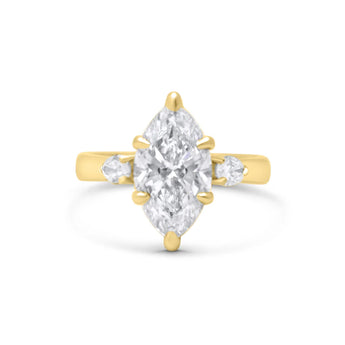 front view custom 14k yellow gold engagement ring, marquise lab grown diamond, moissanite