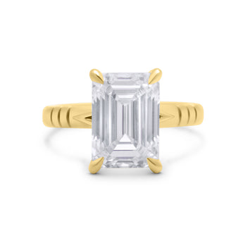 Yazmin| Emerald Solitaire Hidden Halo Grooved Shank Moissanite 14K Yellow Gold Engagement Ring - Diamond Daughters, Front View