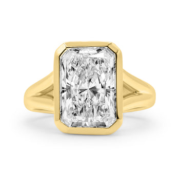front view 14k yellow gold custom engagement ring, cathedral split shank, lab grown diamond, moissanite