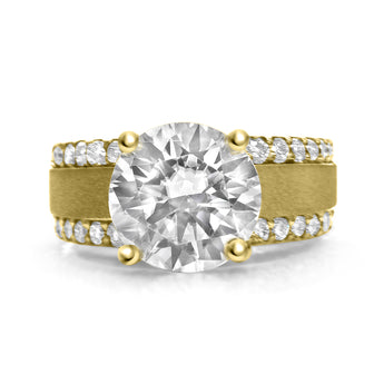 front view 14k yellow gold custom engagement ring, accent stones, lab grown diamond, moissanite