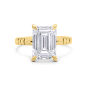 Yazmin| Emerald Solitaire Hidden Halo Grooved Shank Moissanite 14K Yellow Gold Engagement Ring - Diamond Daughters, Front View