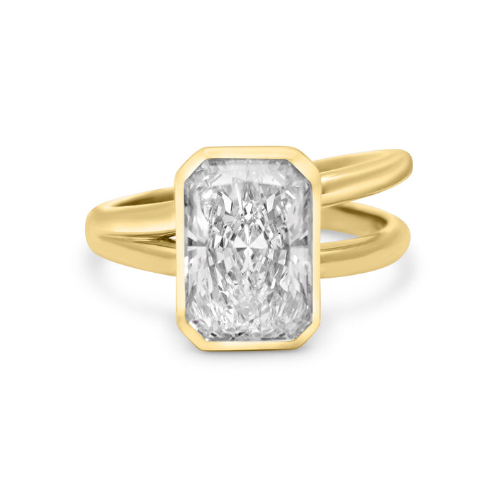 Grace | Radiant Cut Moissanite Bezel Half Split Shank 14k Yellow Gold Engagement Ring - Diamond Daughters, Front View