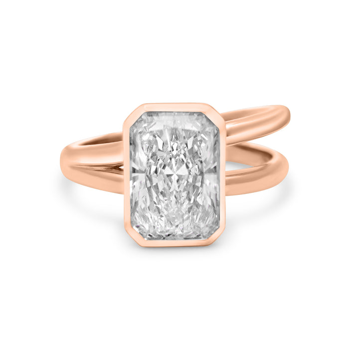 Grace | Radiant Cut Moissanite Bezel Half Split Shank 14k Rose Gold Engagement Ring - Diamond Daughters, Front View