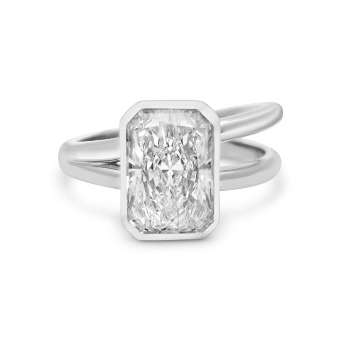 Grace | Radiant Cut Moissanite Bezel Half Split Shank 14k White Gold Engagement Ring - Diamond Daughters, Front View