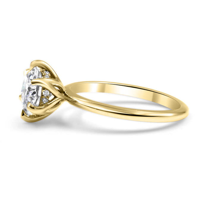 Jade | Round 6 Prong Flower Head Hidden Halo 14K Yellow Gold Engagement Ring - Diamond Daughters, Side View 