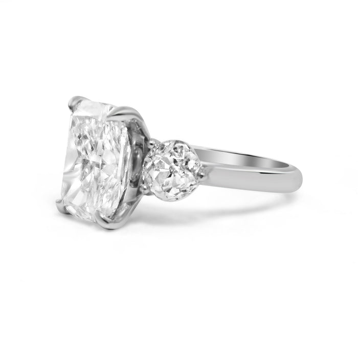 Krista | Three Stone Elongated Cushion Round Moissanite Shank Accent stone 14k White Gold Engagement Ring - Diamond Daughters, Side View