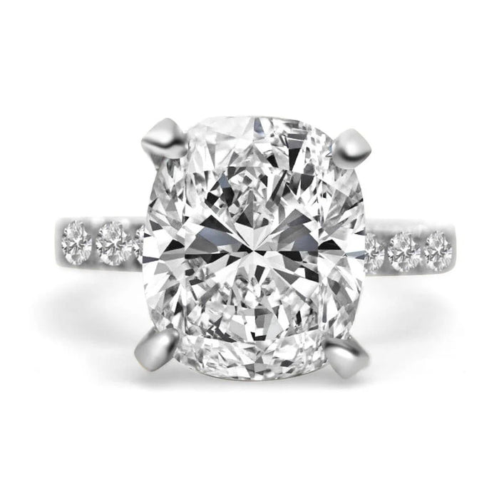 Anna | Elongated Cushion Cut Hidden Halo Accent Stones On Shank And Prongs 14K White Gold Engagement Ring - Diamond Daughters, Front View