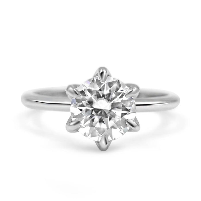 Jade | Round 6 Prong Flower Head Hidden Halo 14K White Gold Engagement Ring - Diamond Daughters, Front View 