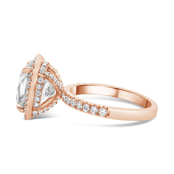 Jaymi | Elongated Cushion Halo Shank Accent Diamond 14K Rose Gold Engagement Ring - Diamond Daughters, Side View 