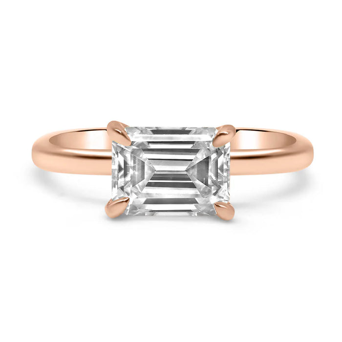 Maci| East West Emerald Cut Solitaire 14K Rose Gold Engagement Ring - Diamond Daughters, Front View