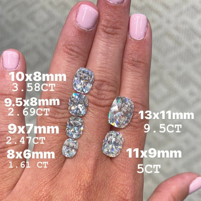 Elongated Cushion Cut Moissanite And Lab Grown Diamond Size Comparison- Diamond Daughters- Top Hand View 