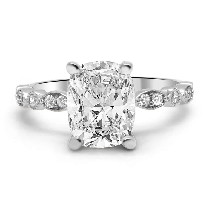 Sammy | Elongated Cushion Cut Shank Accent Stone 14K White Gold Engagement Ring - Diamond Daughters, Front View