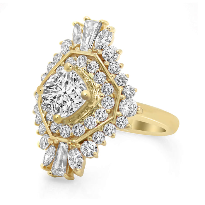 Sarah Belle| Cushion tapered baguettes, Marquee Cuts, and Round Brilliant Accent Diamonds 14K Yellow Gold Engagement Ring - Diamond Daughters, Front Side View