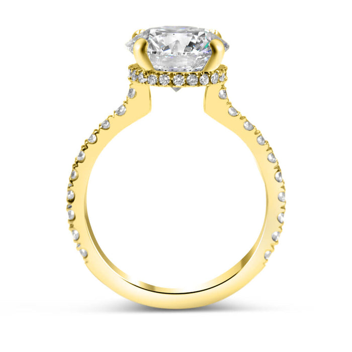 Round Moissanite Hidden Halo Pave 14K Yellow Gold Engagement Ring, Top View